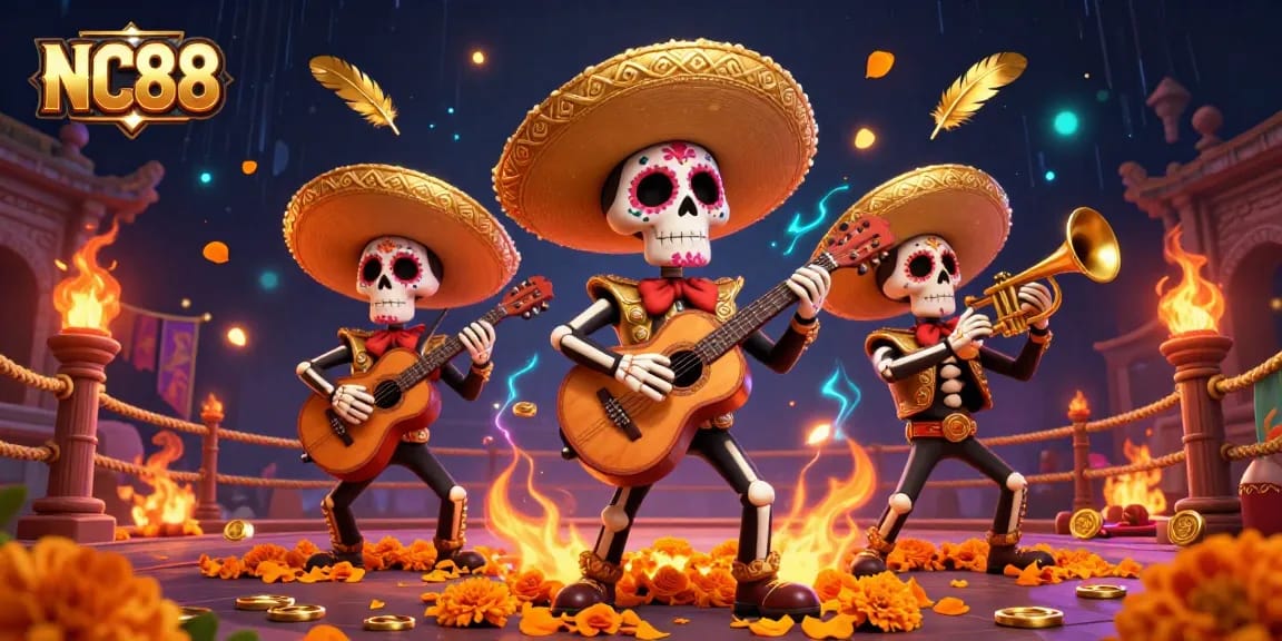Engage with NC88's action-packed casino scene featuring a mariachi band and thrilling gambling elements.