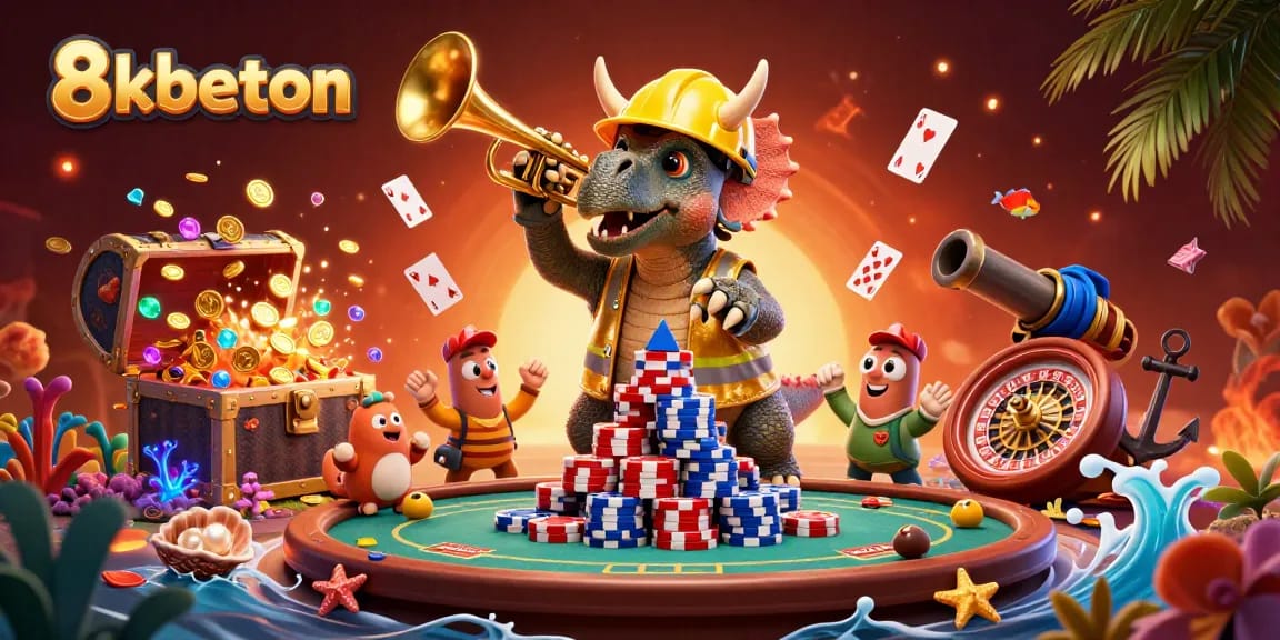 Experience thrilling casino excitement with 8kbeton as animated characters celebrate winning big with poker chips and games.