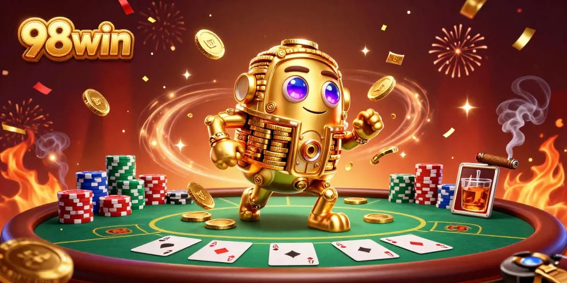 Experience exciting gameplay at 98win with our vibrant casino-themed 3D illustration.