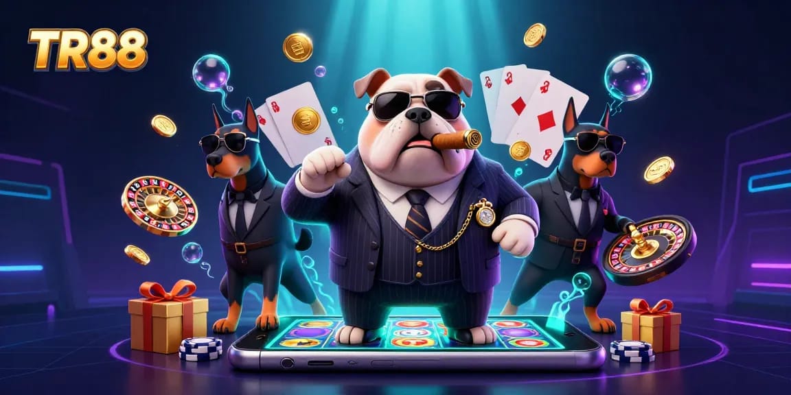 Play slots at TR88 with a 3D bulldog mafia boss and VIP Doberman bodyguards enjoying the casino scene.