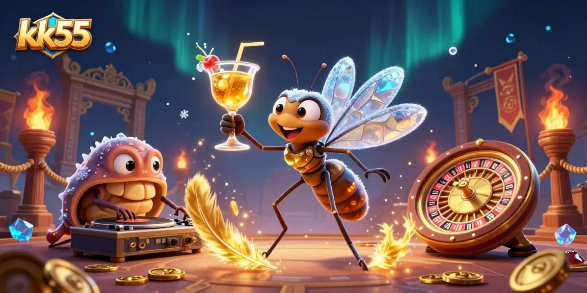 Engage with exciting games at kk55, featuring a vibrant 3D casino scene with unique characters.