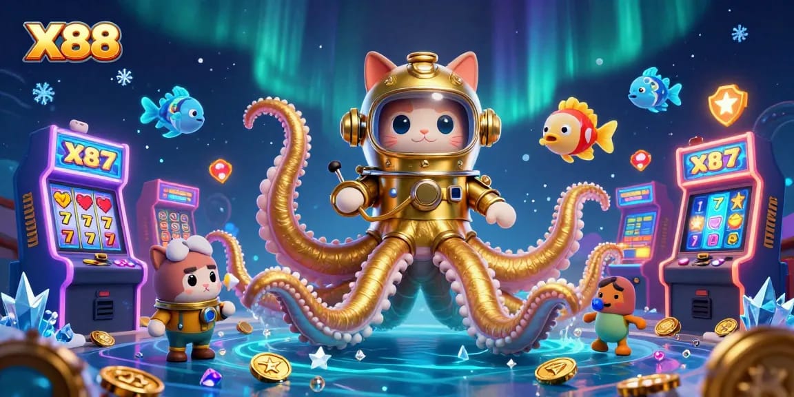 Experience thrilling gameplay with the X88 kraken and diving cat in a vibrant casino world.