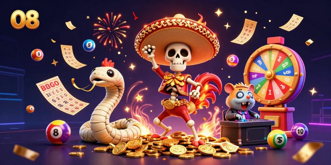 Engage in thrilling gameplay with O8 as the mariachi rooster celebrates on golden coins amidst dynamic casino elements.