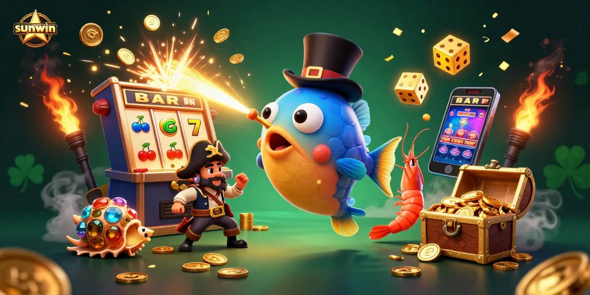 Catch the thrill with sunwin, featuring a deep-sea anglerfish and lively treasures in a dynamic casino scene.
