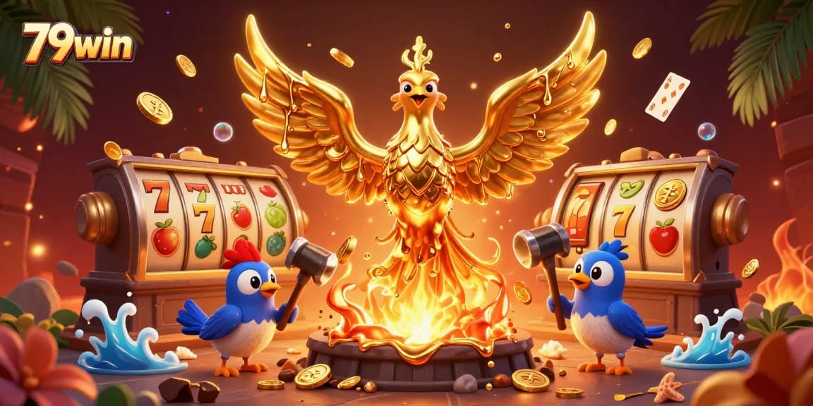Experience thrill and excitement with the 79win gaming scene depicting a dynamic golden phoenix alongside rich slot elements.