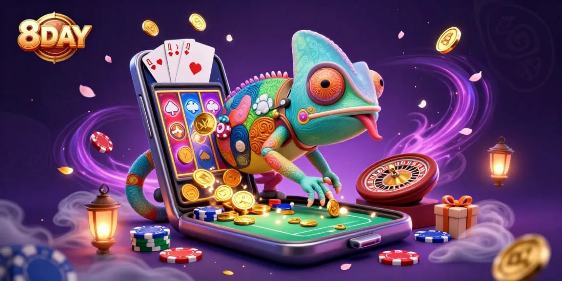 Experience thrilling casino action with 8DAY's colorful games and vibrant chameleon mascot.