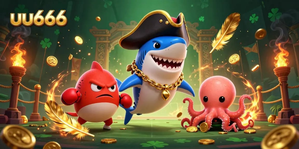 Engage with uu666's vibrant casino scene featuring a pirate shark, boxing pufferfish, and octopus with coins.