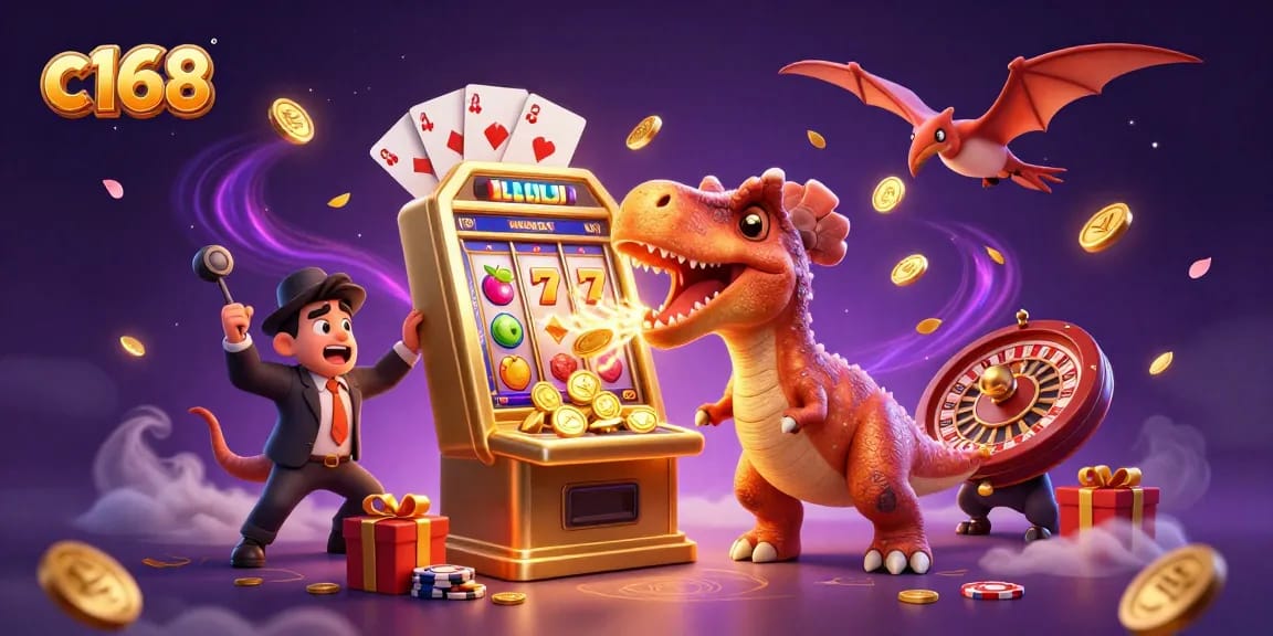c168 engaging players with a vibrant casino scene featuring a dinosaur and a slot machine.