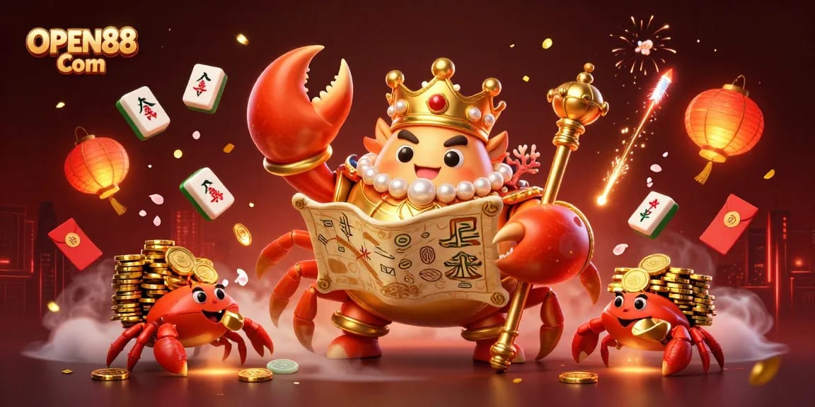 Engage with exciting gameplay at OPEN88 Com, featuring vibrant 3D crab emperor, golden treasures, and dynamic gambling elements.