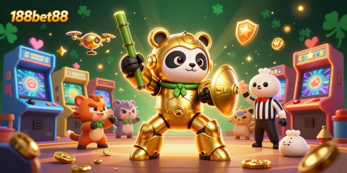 Engage in thrilling gameplay with 188bet88, featuring a panda in a mech-suit battling in a vibrant casino arena.