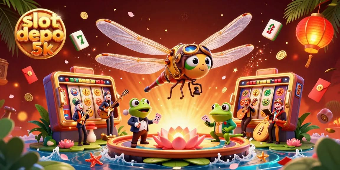 Spin to win with slot depo 5k as the dragonfly pilot and frog croupier entertain at the lily pad casino.