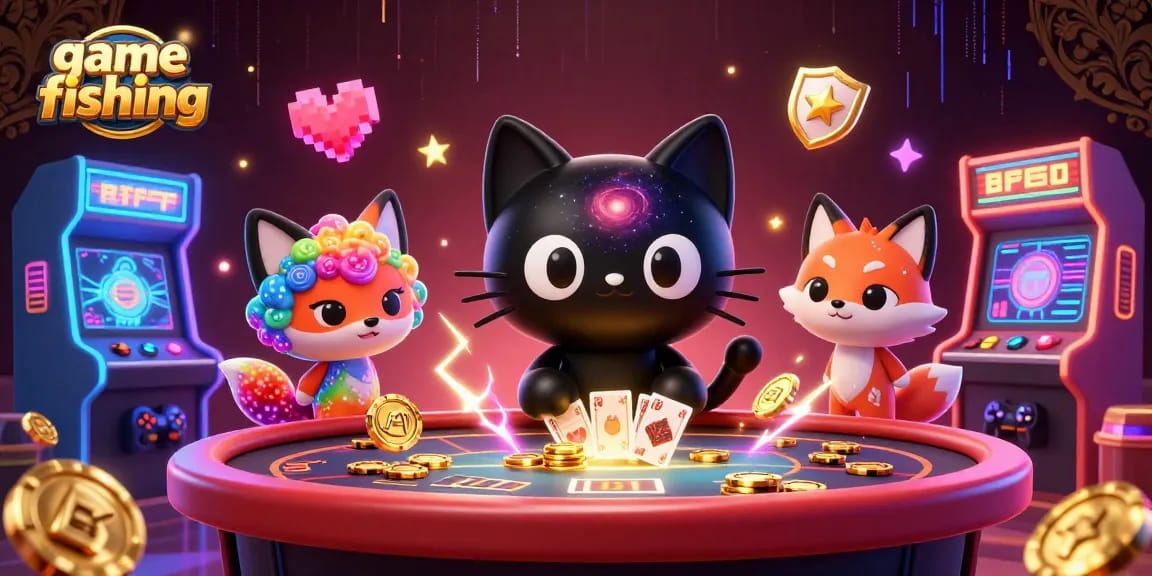 Engaging game fishing scene with a cosmic cat and vibrant gaming elements.