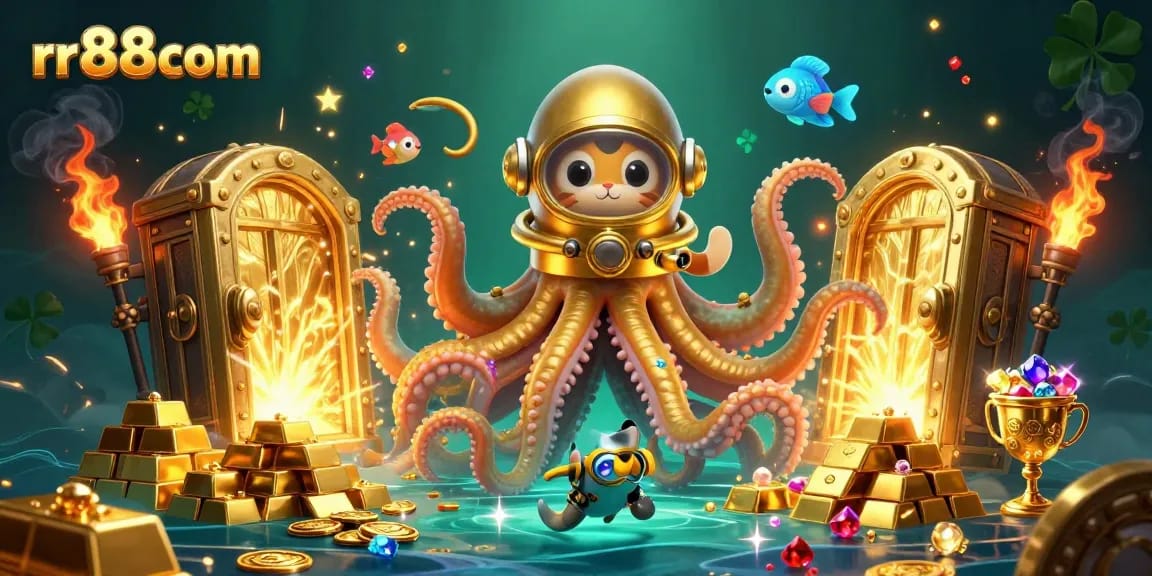 Experience unmatched thrills with rr88com's casino-themed 3D illustration featuring a kraken and treasures.