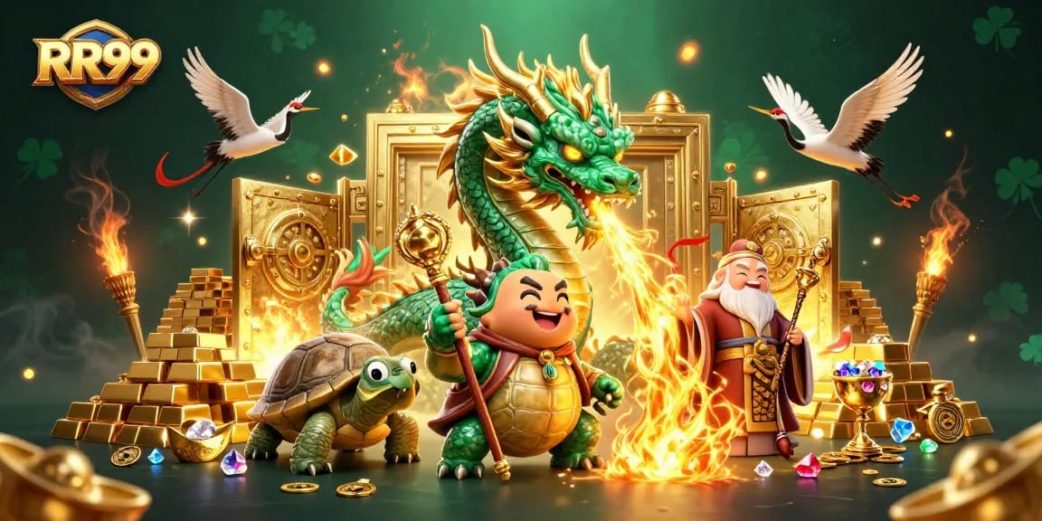 Experience winning moments at RR99 casino with a magnificent dragon and treasure.
