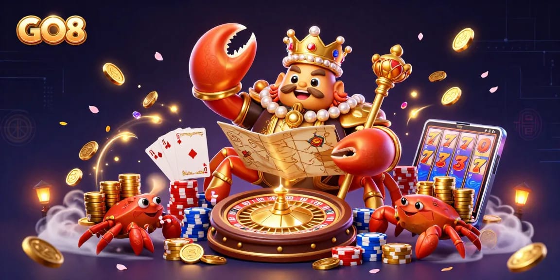 Engage in GO8's dynamic casino action with a golden crab emperor and vibrant casino elements.