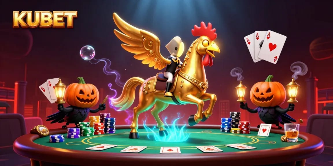 KUBET brings excitement to the casino experience with a golden rooster riding a spectral horse amidst poker action.