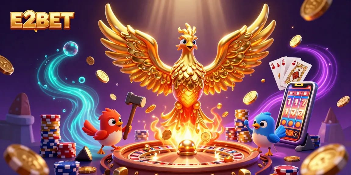 E2BET offers an exciting casino experience with golden phoenix and gaming elements in a dynamic 3D illustration.