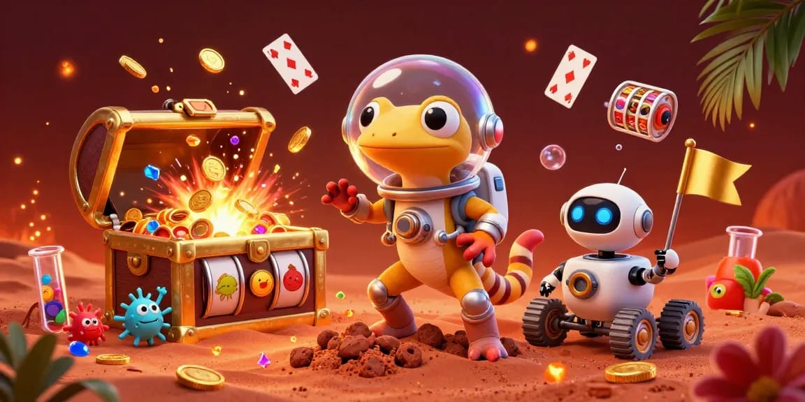 SX88 Casino Adventure: Martian gecko finds golden treasures in a vibrant casino scene.