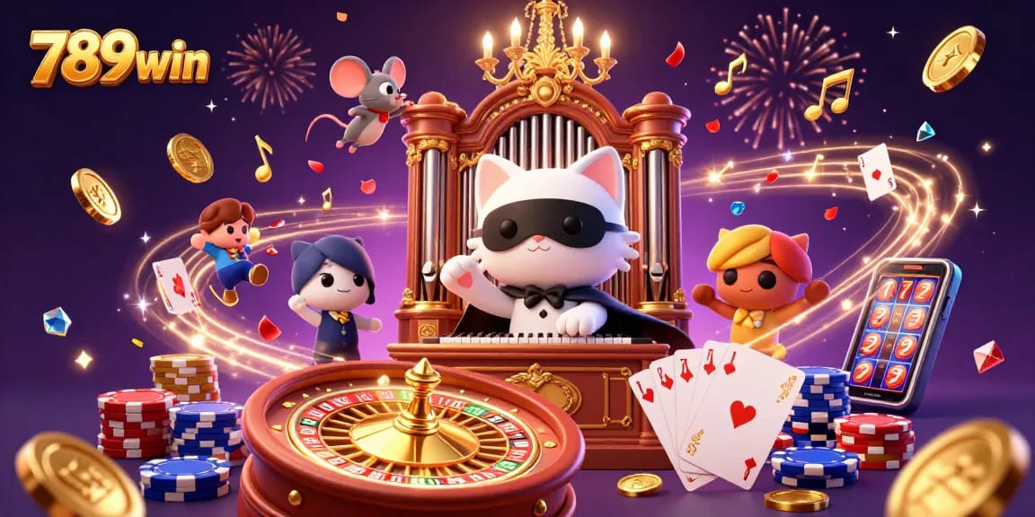 Engaging scene showcasing 789win with a cat phantom, acrobat, and casino elements like coins and cards.