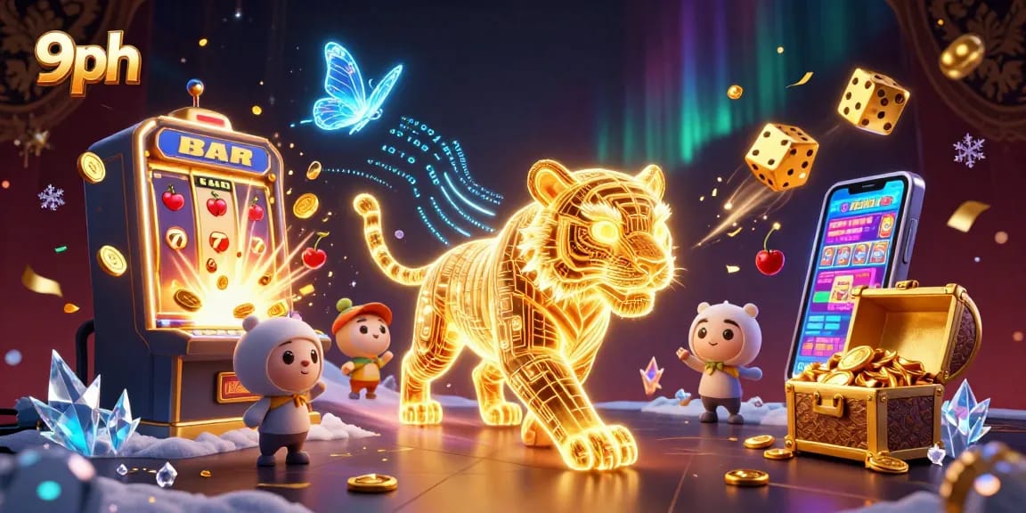 Experience dynamic gaming action at 9ph with the neon-wireframe tiger in a vibrant casino.