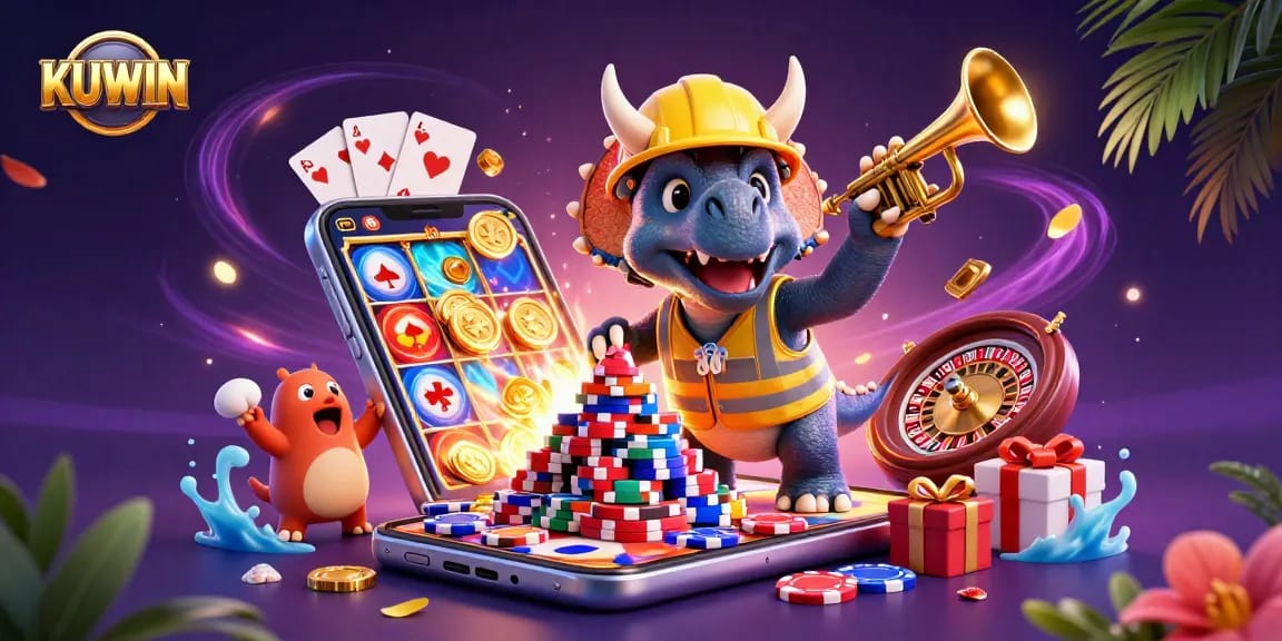 KUWIN celebrates gaming victory with a vibrant 3D casino scene featuring lively characters and exciting game elements.