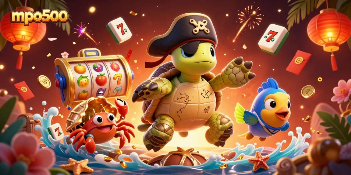 Engage with mpo500's vibrant casino experience featuring a playful turtle, crab, and parrotfish amid dynamic gaming elements.