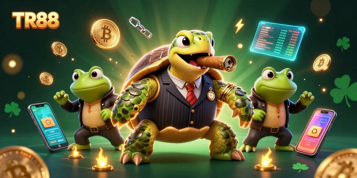 Join TR88 to win big with a vibrant casino scene featuring cartoon characters and crypto elements.