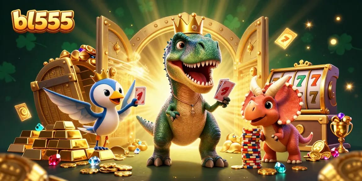Experience thrilling gameplay at bl555 with a 3D cartoon T-Rex shuffling cards amidst a treasure-filled scene.