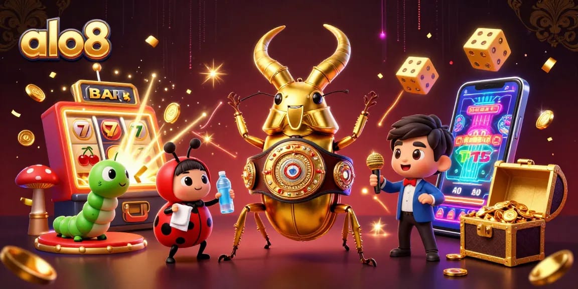 Experience thrilling slots at alo8 with a golden stag beetle champion amidst coins and jackpots.