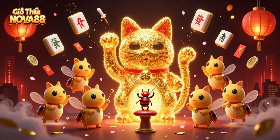 Experience Giới Thiệu NOVA88 with a vibrant 3D illustration showcasing a lucky cat and casino elements.