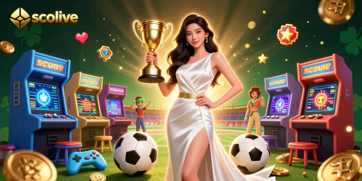 Socolive captivates online sports betting with a stunning Asian woman holding a trophy, vibrant gambling elements enveloping her.