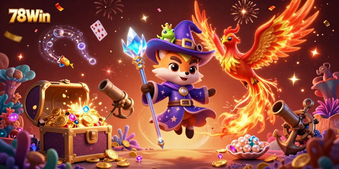 Unleash your luck with 78Win in a vibrant casino scene featuring a mystical wizard fox and a phoenix.