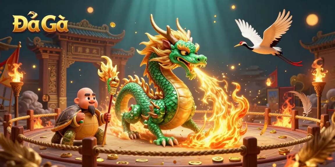 Engage with Đá Gà in an electrifying cockfighting arena showcasing fiery dragon and lucky cranes.