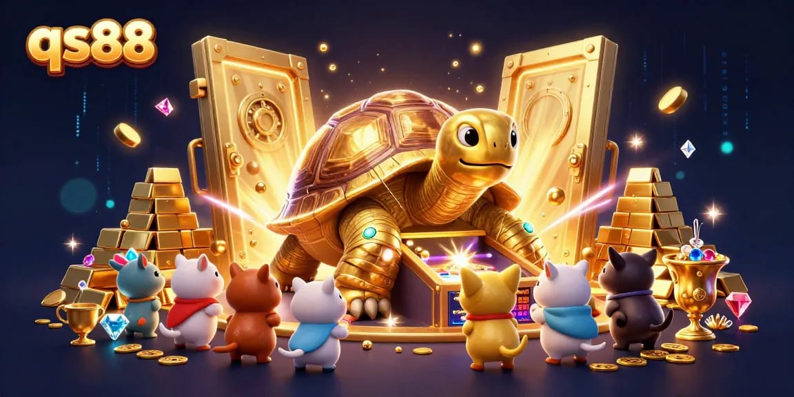 Play the exciting qs88 casino games featuring a colossal tortoise pinball machine surrounded by treasures.