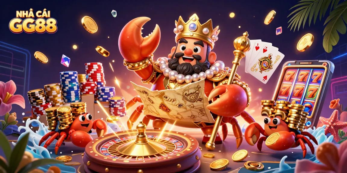 Engage with NHÀ CÁI GG88 through a vibrant illustration featuring a golden crab emperor and dynamic casino elements.
