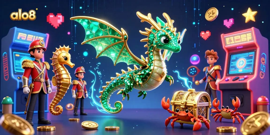 Alo8 engages gamblers with a vibrant 3D illustration featuring a sea dragon, arcade machines, and dynamic gaming elements.