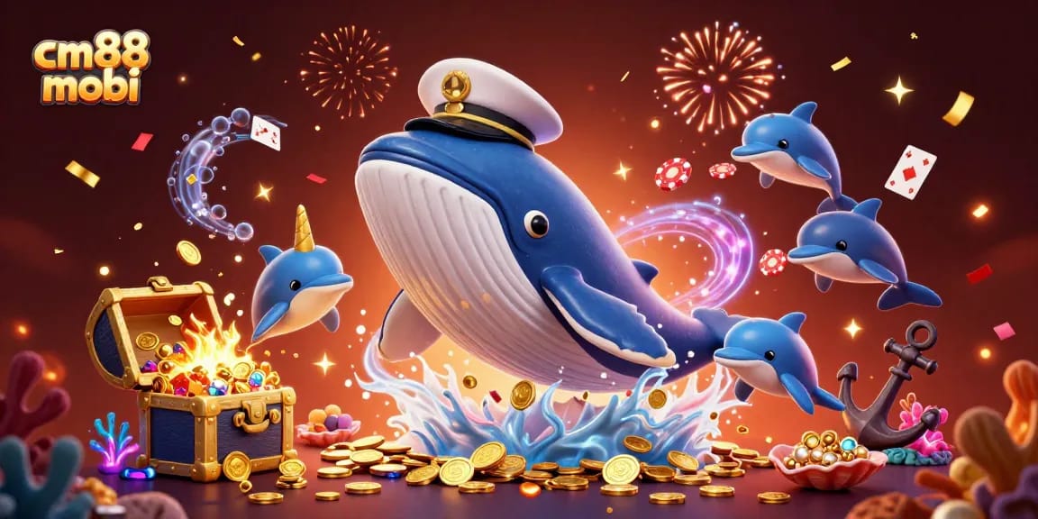 Engage with cm88 mobi's vibrant online gaming experience, featuring a whale, narwhal, and dolphins amidst treasure.