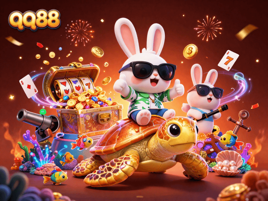 Join the adventure at qq88 with a lucky rabbit and golden turtle in a vibrant casino scene!