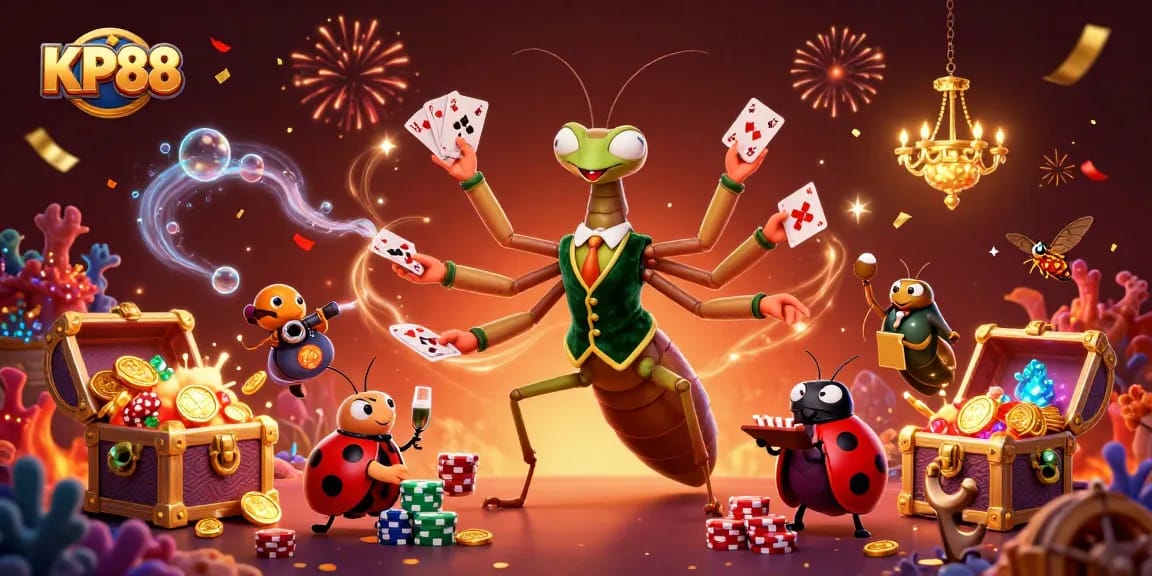 Experience the vibrant KP88 casino atmosphere with dynamic characters celebrating in a lively setting.