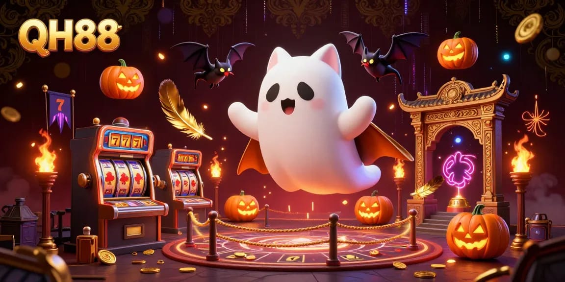 Engage with QH88 in a dynamic casino scene featuring a ghost cat, bat, and glowing poker faces.