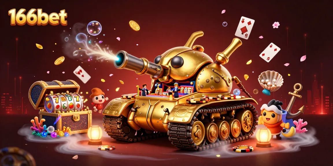 Experience thrill and excitement at 166bet's mini casino within a golden tank, showcasing vibrant gambling elements.