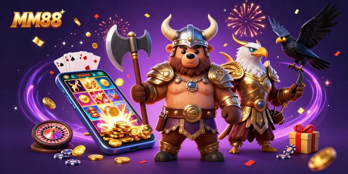 Experience thrilling gameplay with MM88 in this dynamic casino scene featuring a Viking berserker bear.