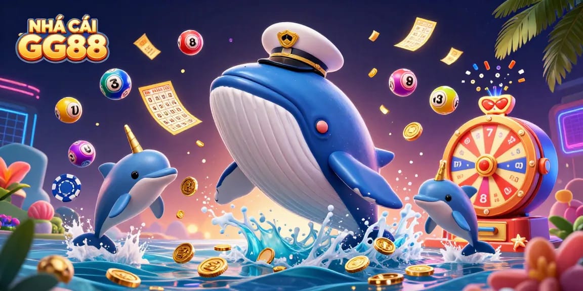 Engage with the thrilling world of NHÀ CÁI GG88 featuring a dynamic scene of a cartoon whale, narwhal, and dolphins immersed in vibrant casino elements.