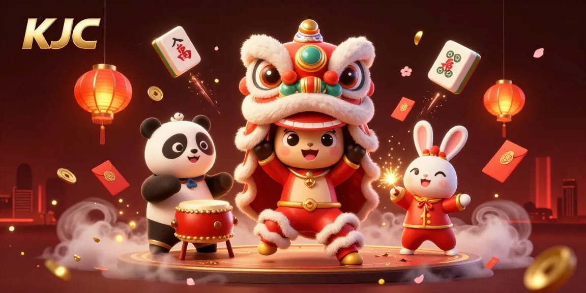 KJC celebrates with vibrant lion dance characters performing amidst festive decorations and casino elements.