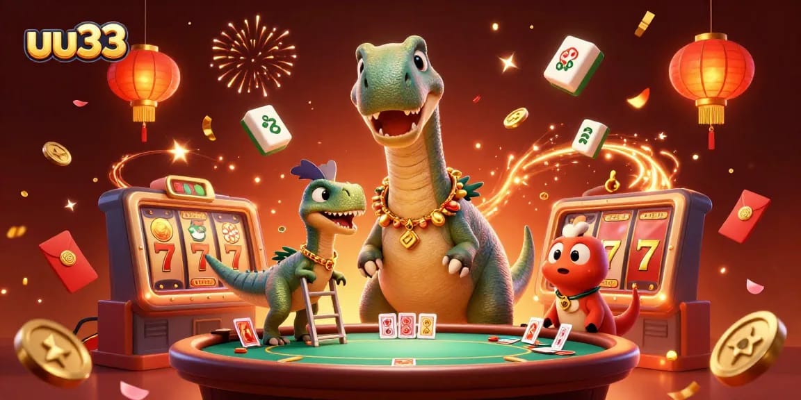 Experience the thrill of uu33 with a vibrant casino scene featuring a brontosaurus and raptor dealing cards.