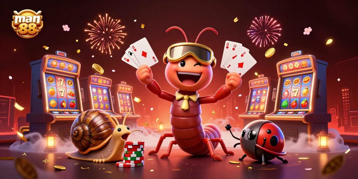 Experience thrilling gameplay with man88's vibrant casino scene featuring unique characters and classic slot machine excitement.