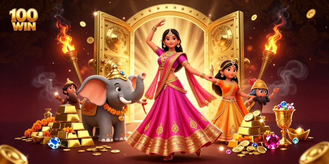 Engage in thrilling gameplay at 100WIN with a vibrant casino scene filled with treasures.