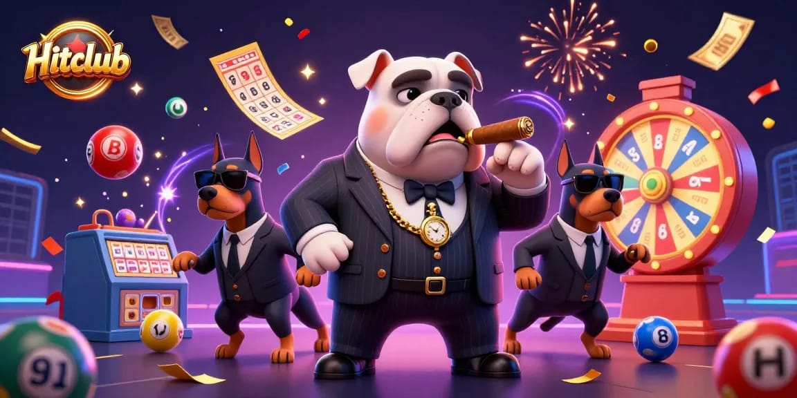 Hitclub showcases thrilling gameplay with a mafia boss bulldog and Doberman guards amidst vibrant casino elements.