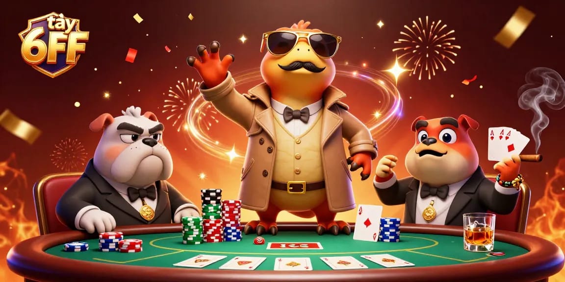 Engage in thrilling games at 6FF with sparkling confetti and poker elements enhancing the casino atmosphere.