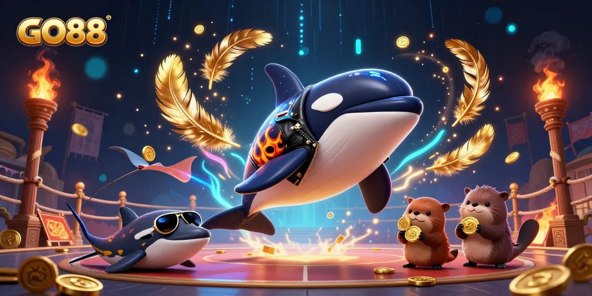GO88 casino scene featuring a whimsical orca and otters celebrating with coins, perfect for betting fun